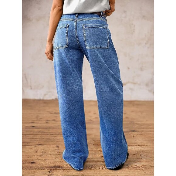 Women Straight Leg Jeans Mid Rise Stretchy Patch Pockets Casual Baggy - Picture 4 of 5